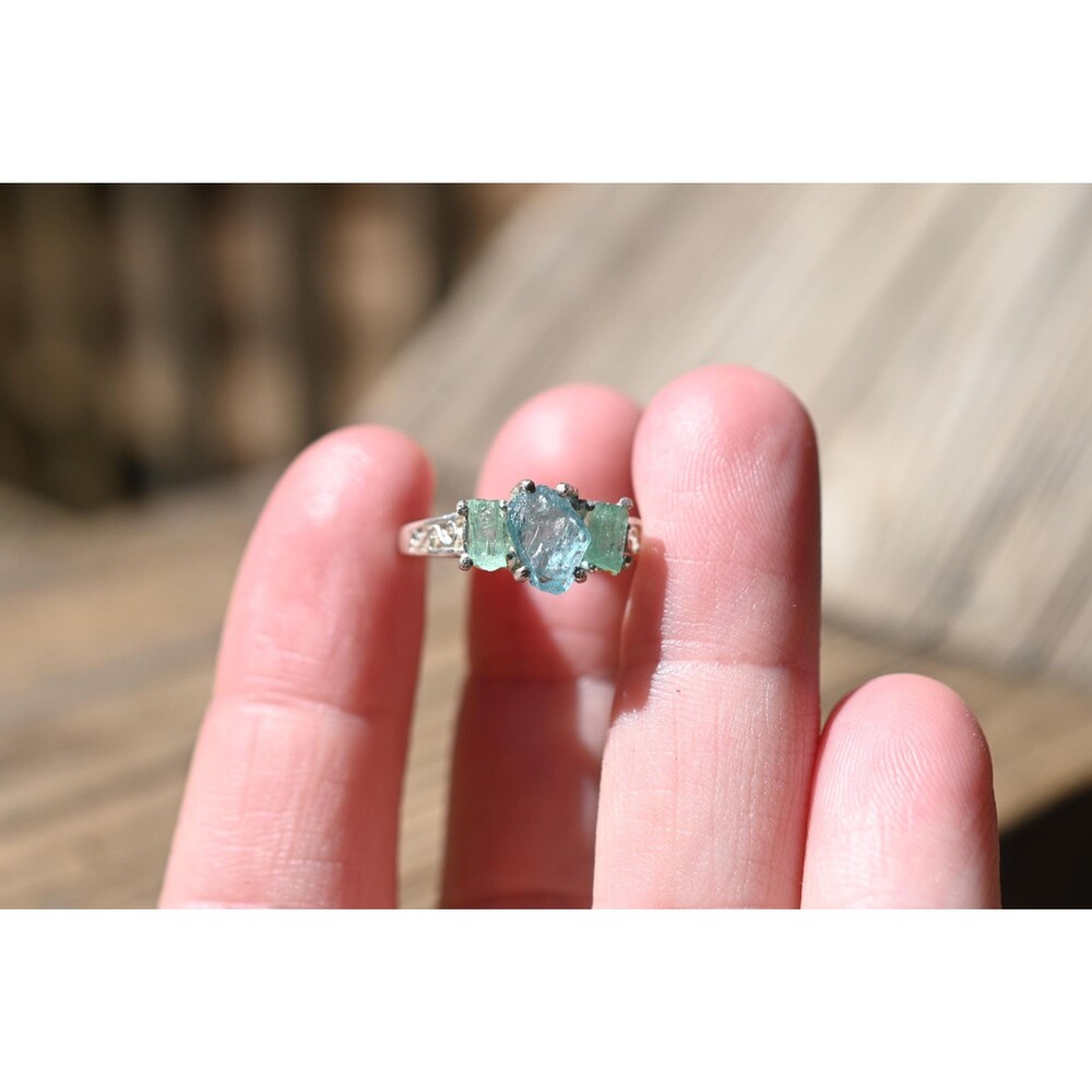 Aquamarine and Emerald engagement ring size 7 anniversary  gift for women
